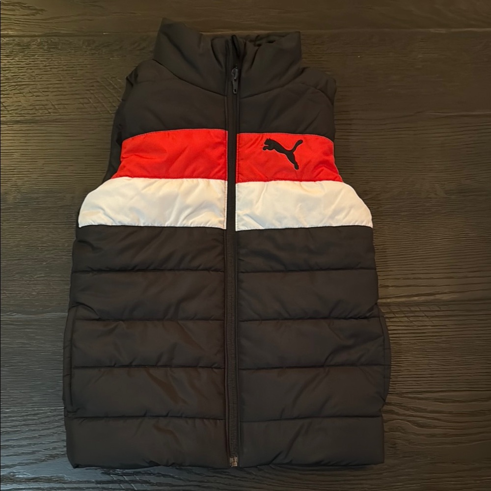 3 piecePuma Kids Black Joggers with Red Accents, matching shirt, and puffer vest - Picture 3 of 5